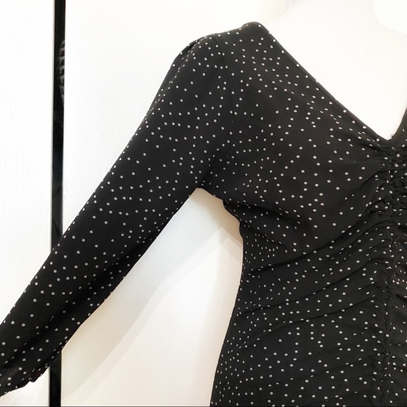 Zara BLACK WHITE POLKA DOT LACE UP RUCHED HALF SLEEVE MIDI DRESS - S - Picture 5 of 13